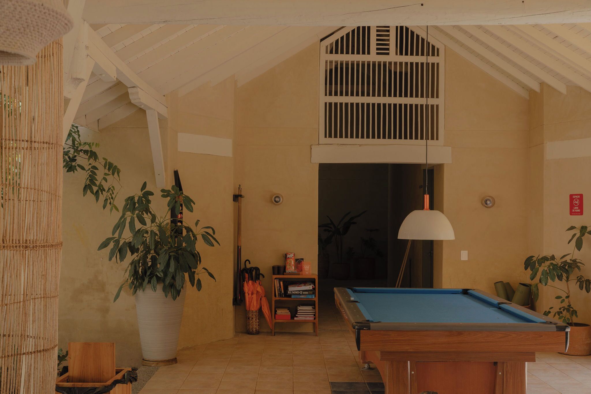 A room with a pool table, a large potted plant, and a ceiling fan.