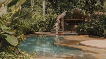 A pool area with a curved design, surrounded by lush greenery and a bar area with seating.