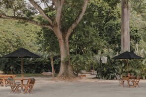 Un área de estar al aire libre con mesas y sillas de madera, sombrillas negras y un árbol grande.