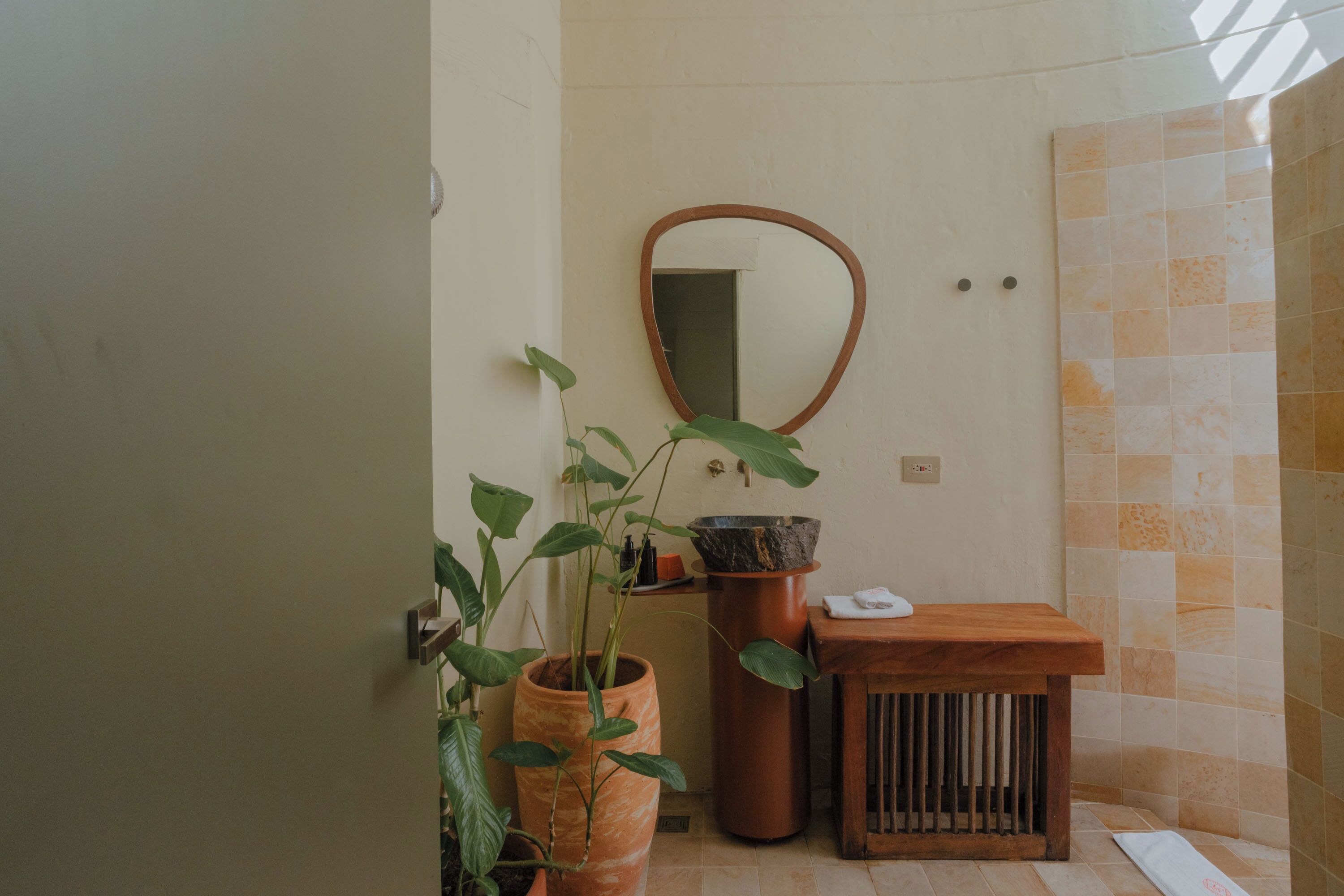 A bathroom with a wooden vanity, a mirror, a sink with a stone basin, and a potted plant.