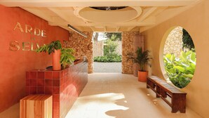 Un área de recepción con pared de piedra, un banco de madera y una planta en maceta.