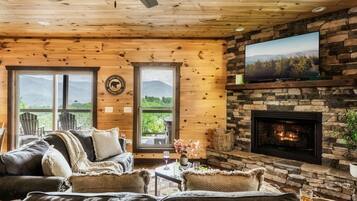 Smart TV, fireplace, foosball