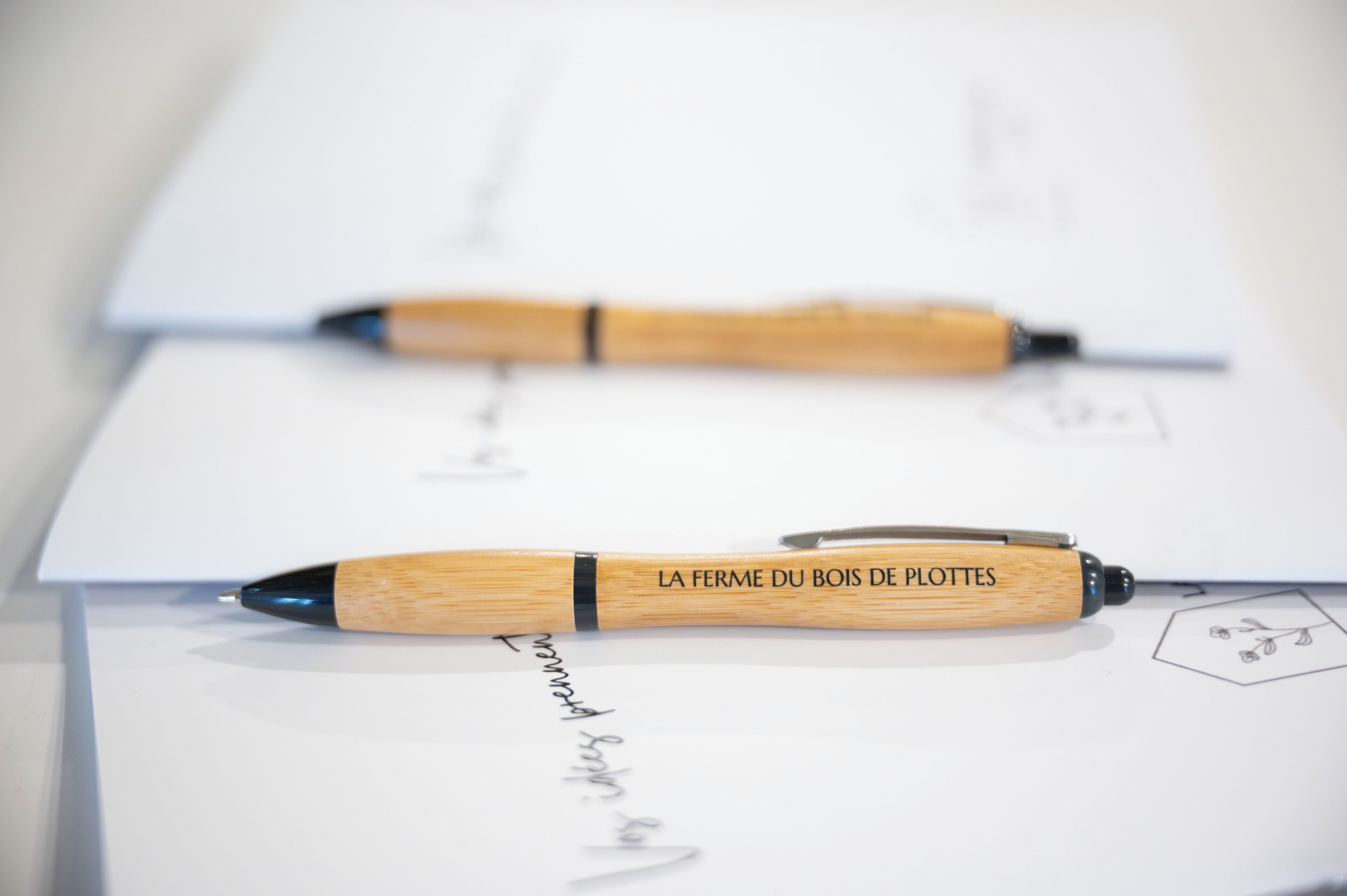 Two pens on papers with handwritten notes.