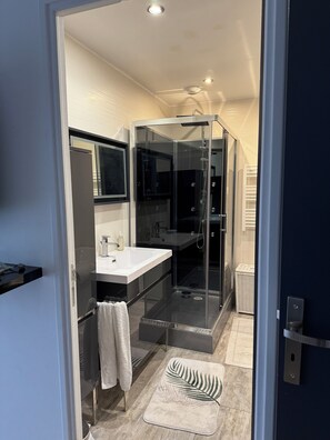 A modern bathroom with a glass-enclosed shower, a white sink, and a towel rack. - Loft near downtown (Nevers)