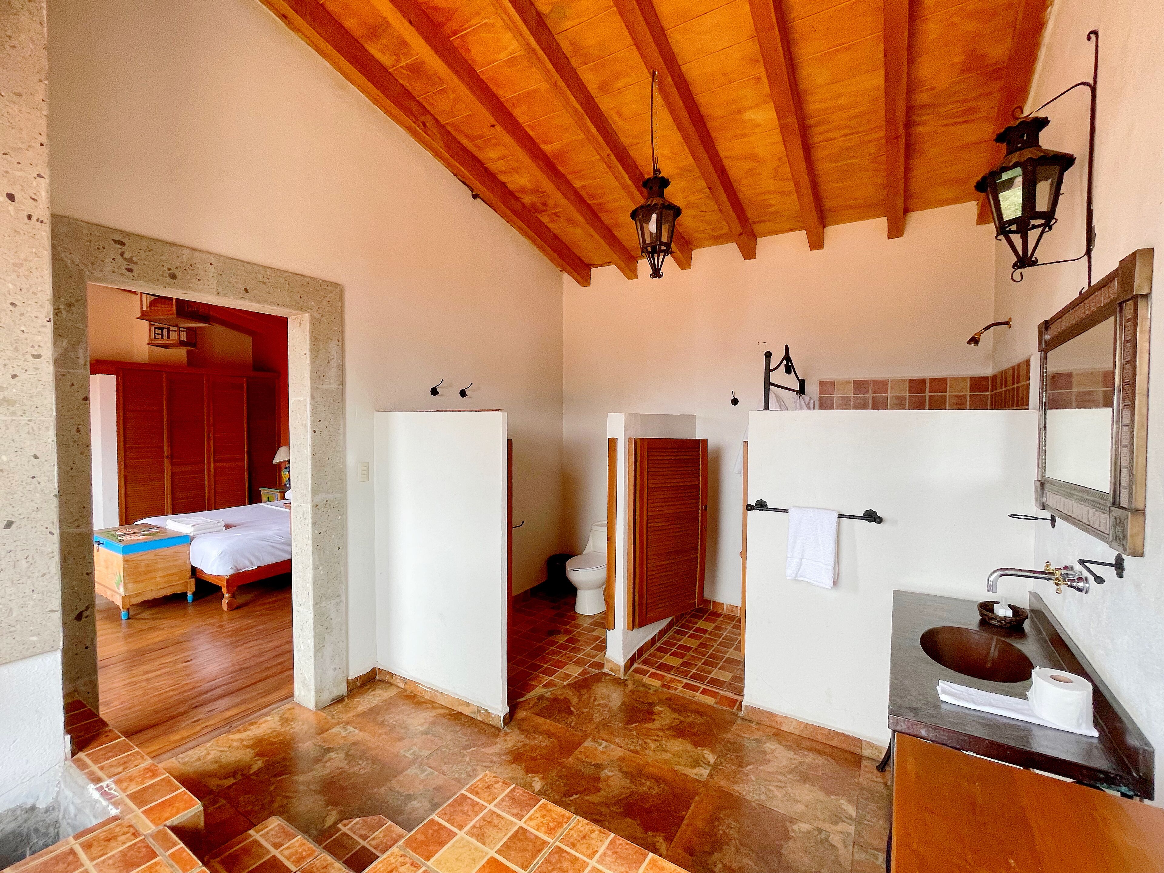 A bathroom with a wooden ceiling, a sink, a mirror, and a toilet.