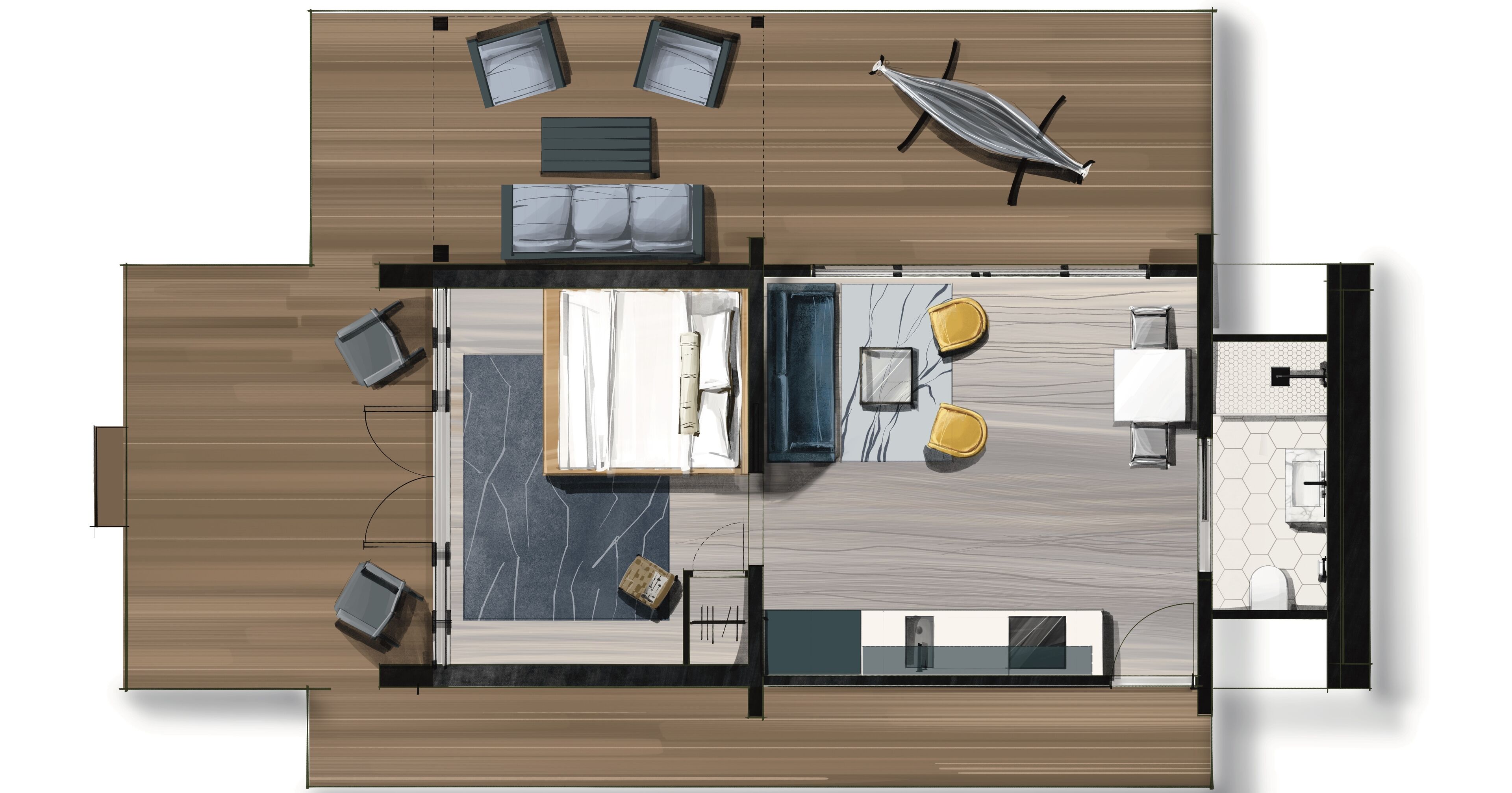 A top-down view of a hotel room with a bed, seating area, and a small kitchenette.