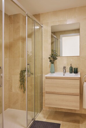 Shower, hair dryer, towels