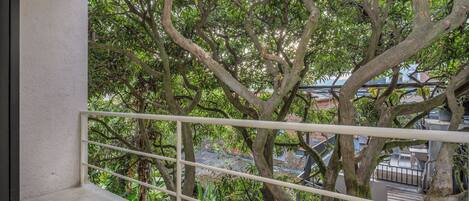A balcony with a white railing overlooking a lush green tree.