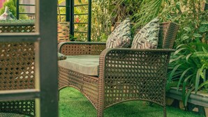 Une chaise en osier avec des coussins, placée dans un jardin luxuriant.