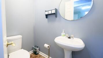 A bathroom with a toilet, sink, and mirror.