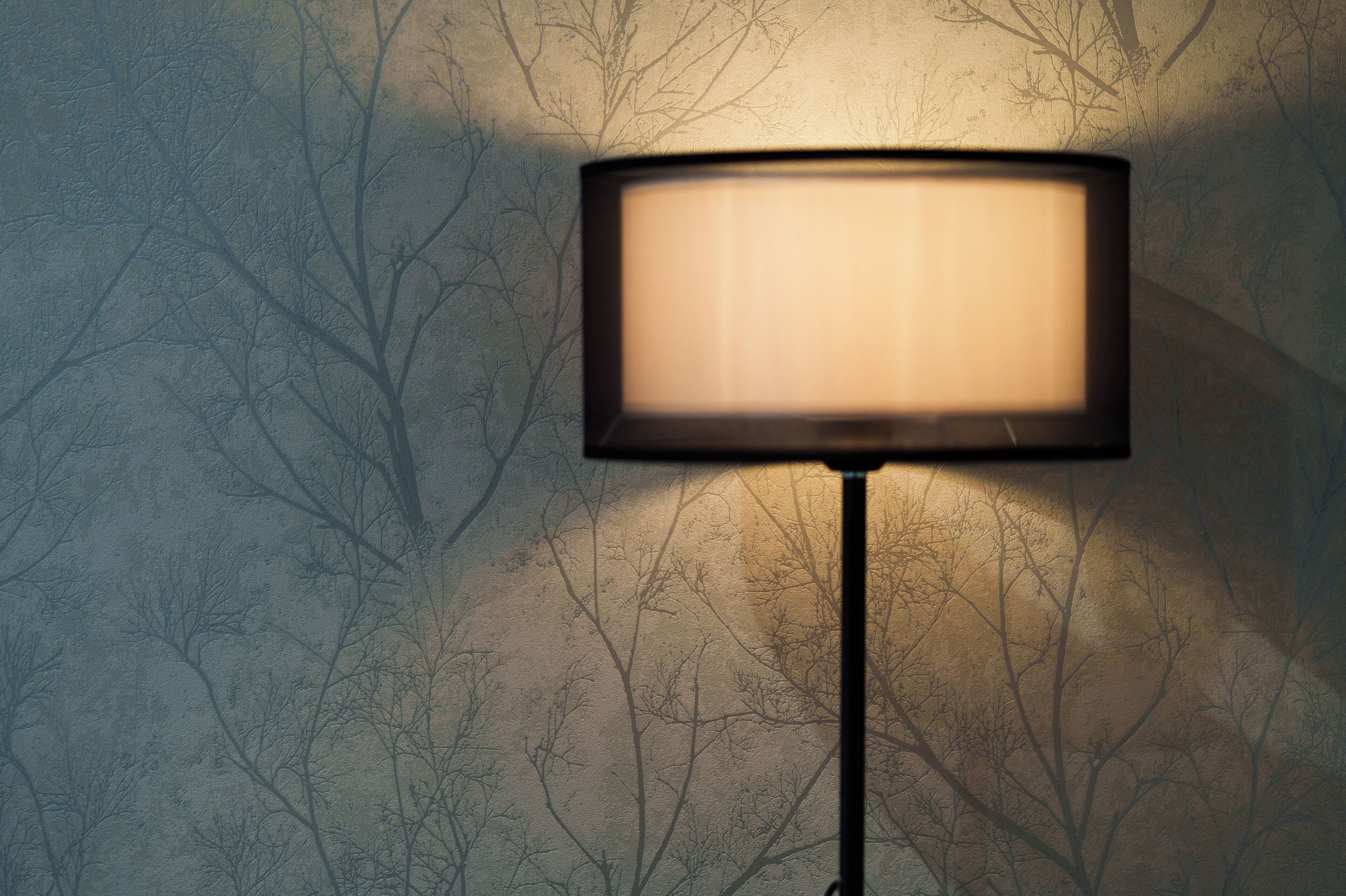 Eine Lampe mit rechteckigem Lampenschirm vor einer Wand mit Baummuster.