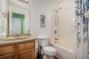 Hair dryer, towels, soap, toilet paper