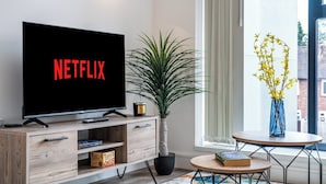 Moderni olohuone, jossa on seinälle asennettu taulutelevisio, jossa näkyy teksti ”NETFLIX”, puinen TV-taso, ruukkukasvi, pieni pöytä, jossa on maljakko täynnä keltaisia kukkia, ja ikkunasta avautuva näkymä rakennukseen.