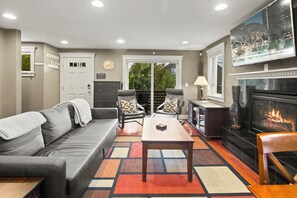 Smart TV, fireplace, books