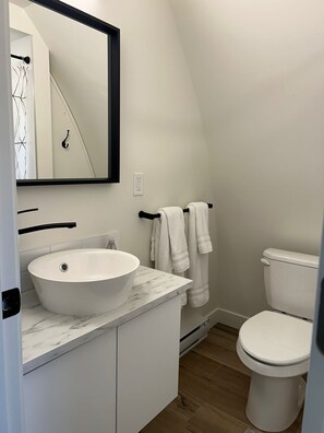 Hair dryer, towels, soap, shampoo