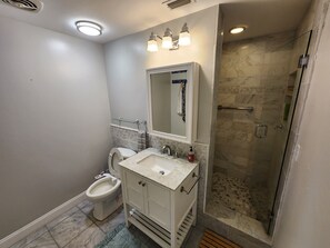 Hair dryer, towels, soap, toilet paper