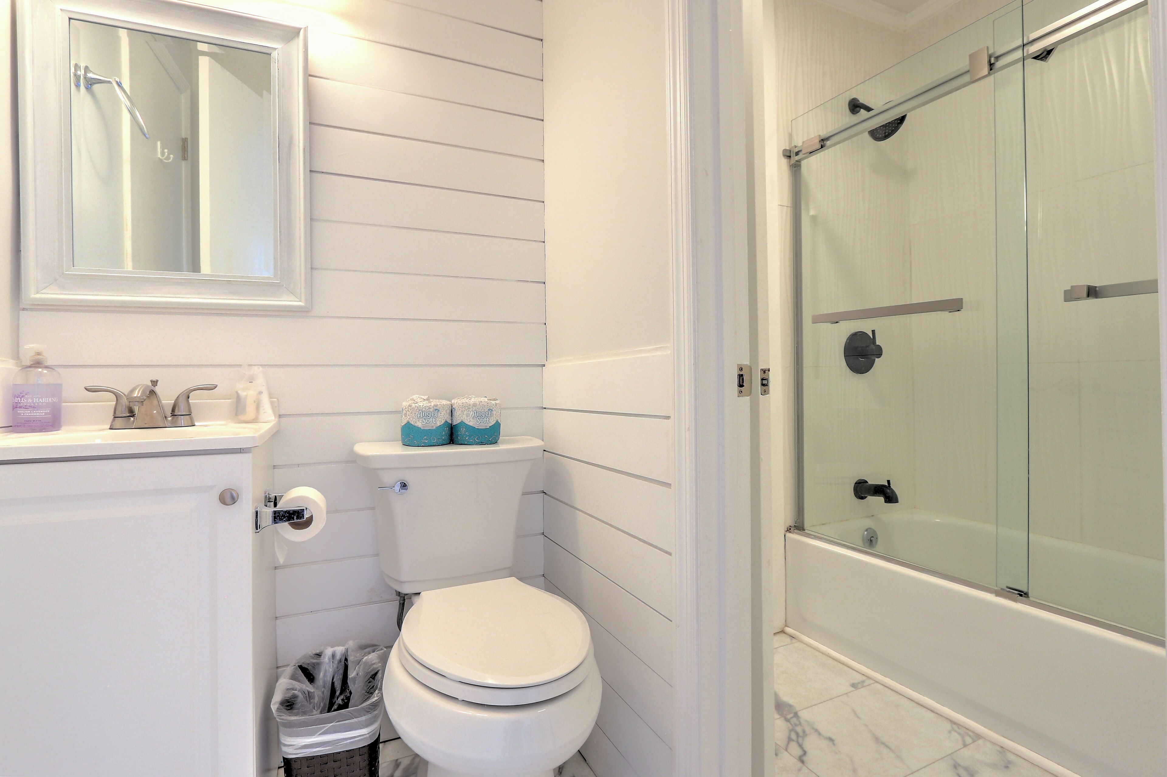 Hair dryer, towels, soap, shampoo