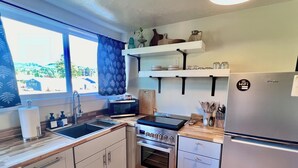 Una cucina compatta con lavandino, microonde, fornello e frigorifero. Dispensa con mobili in legno e finestra con vista esterna.