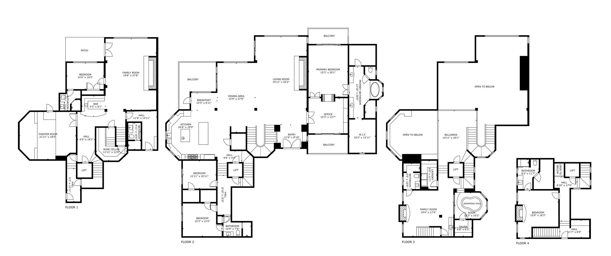Un hôtel à plusieurs étages, comprenant différents types de chambres, notamment des chambres à coucher, un espace repas, un salon, un balcon et une piscine.