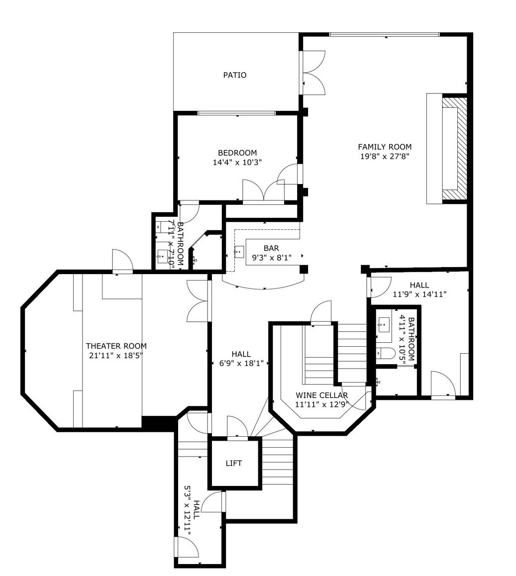Ein Grundriss mit Terrasse, Schlafzimmer, Familienzimmer, Heimkino, zwei Fluren, einem Weinkeller, einer Bar, einem Badezimmer und einem Aufzug.