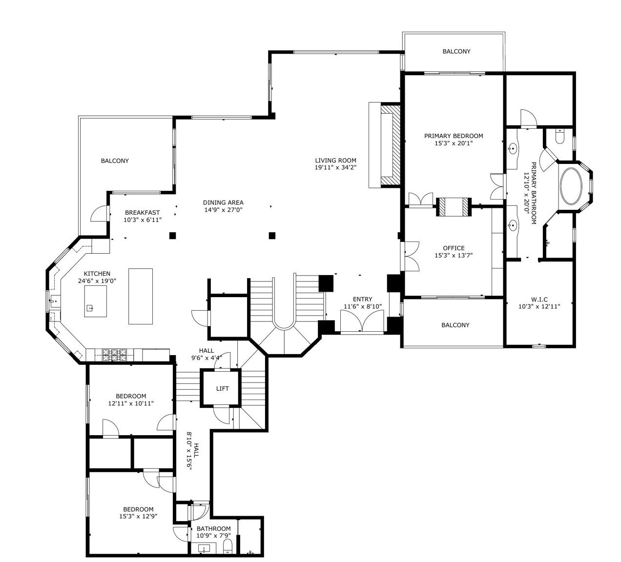 Plano de un hotel que muestra un comedor, cocina, varias habitaciones, ascensor, vestíbulo, baño y balcón.