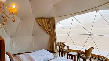 Desk, laptop workspace, blackout drapes, soundproofing