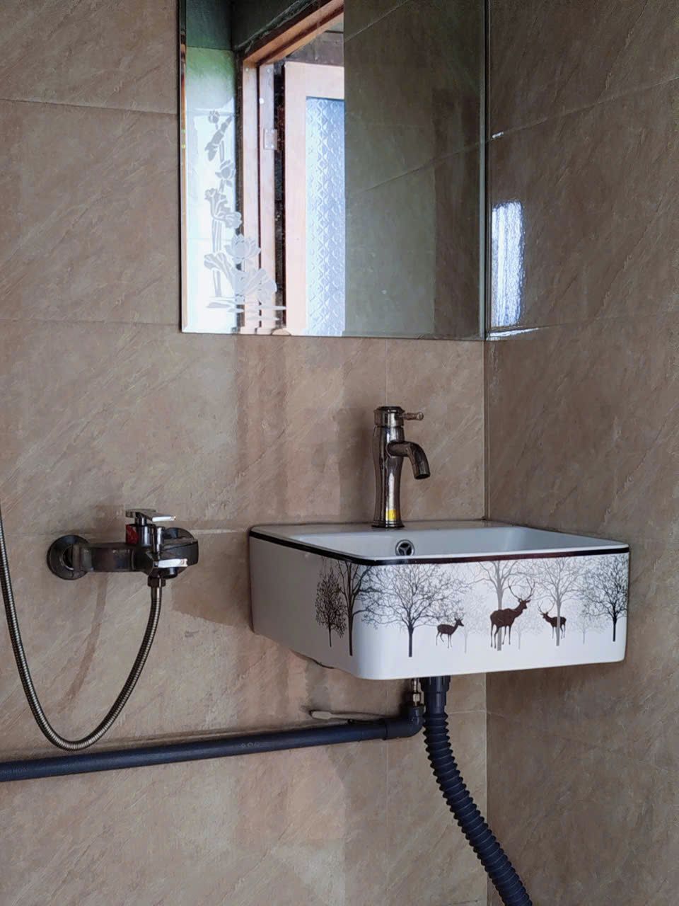 A bathroom with a wall-mounted sink, a mirror, and a shower head.