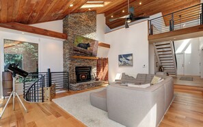 TV, fireplace, foosball, computer monitors