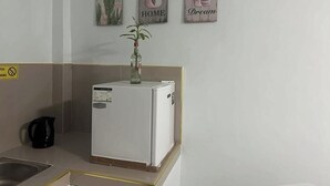 A kitchen with a refrigerator, a sink, and a potted plant. - Room 806 @ Pennington Inn, Guimaras (Western Visayas)