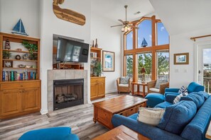 TV, fireplace, DVD player, foosball