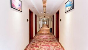 Een hotelgang met een kamerbreed tapijt, kunstwerken in lijsten aan de muur en een plafond met decoratief ontwerp.