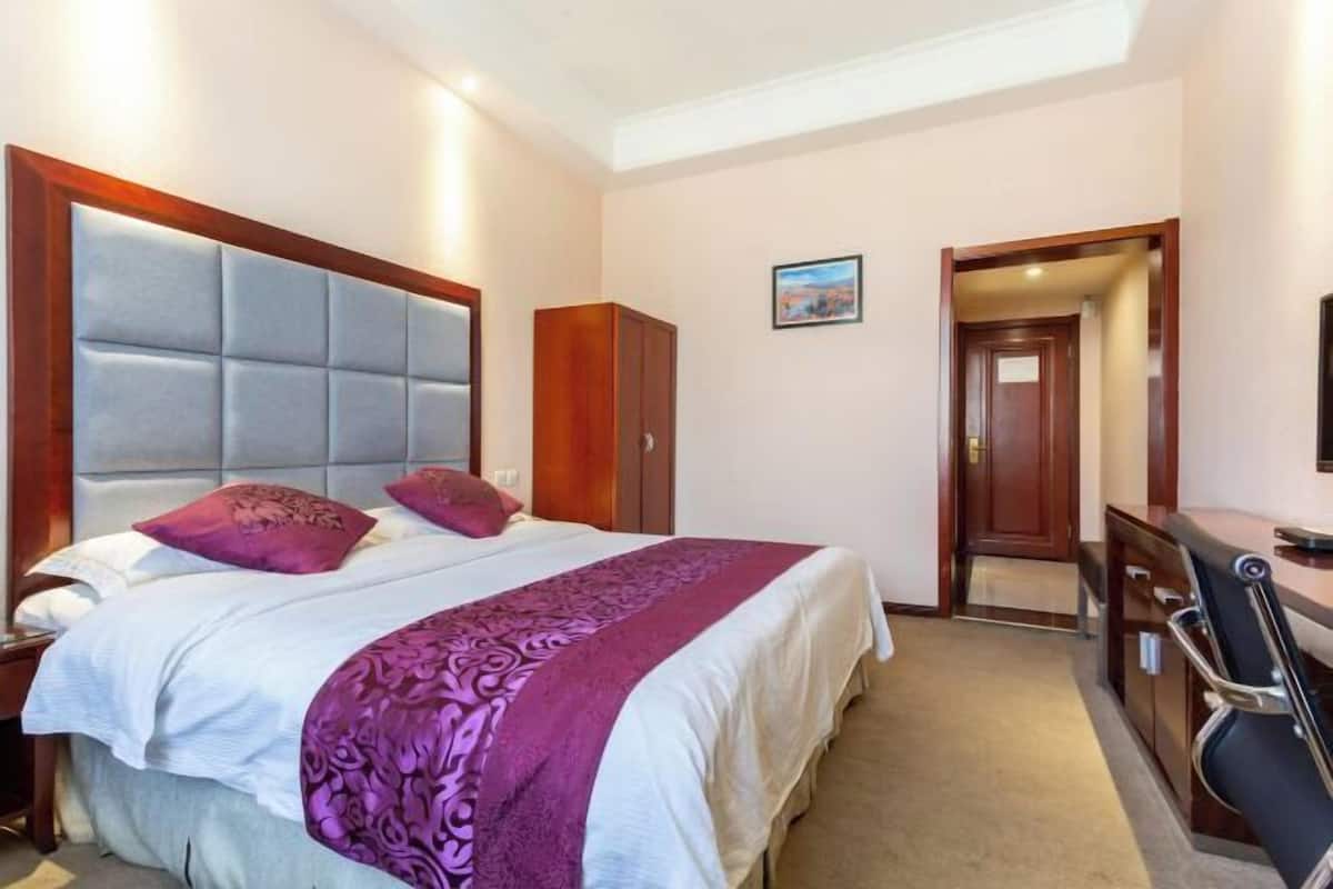 Una habitación de hotel con una cama grande, un escritorio y un armario.
