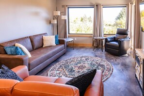 Smart TV, fireplace, books, stereo