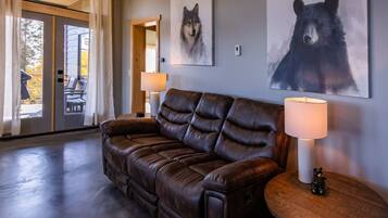 Smart TV, fireplace, books, stereo