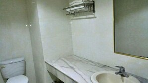 Un bagno con un water, un lavandino e un porta asciugamani.