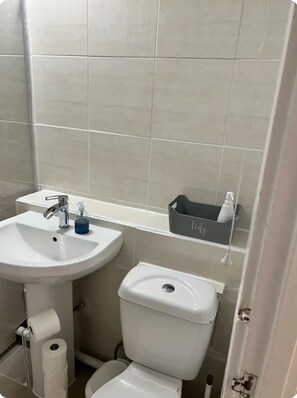 Chuveiro, secador de cabelo, toalhas de banho 