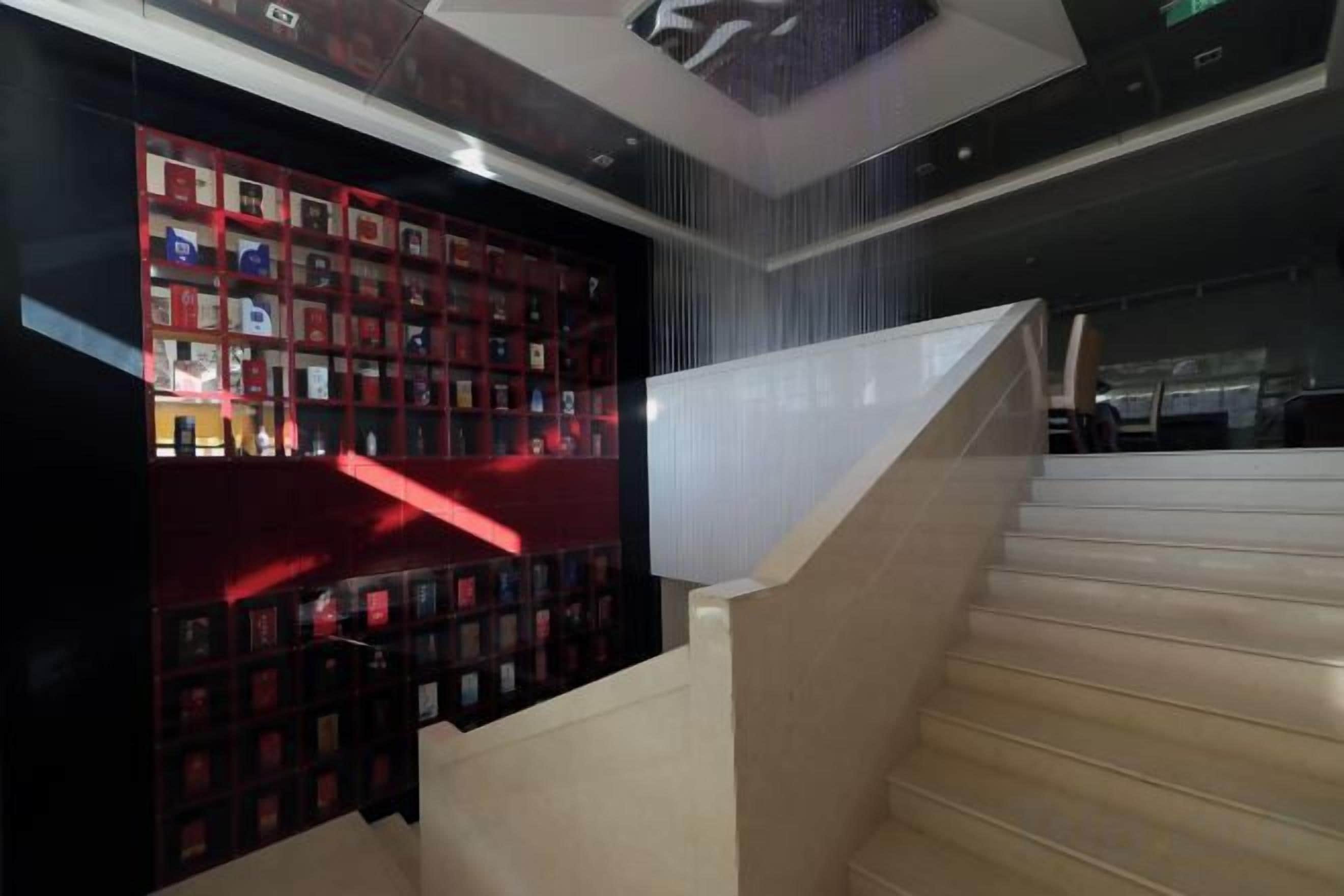 Un escalier au design moderne, menant à un niveau inférieur.