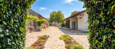 Un patio empedrado con un camino central, rodeado de edificios y vegetación.