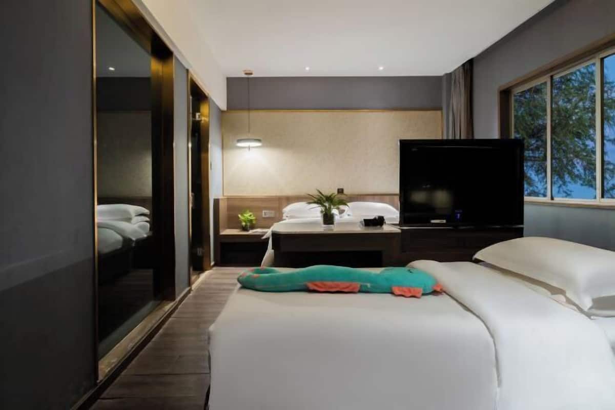 A hotel room with a bed, a TV, a desk with a plant, and a window.