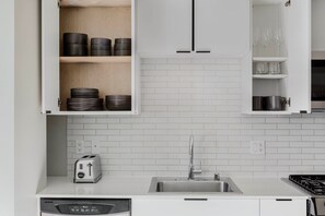 Fridge, microwave, oven, dishwasher