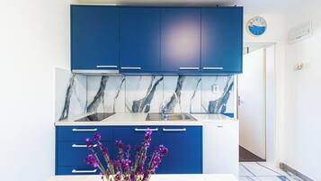 Kühlschrank, Mikrowelle, Herdplatte, Wasserkocher