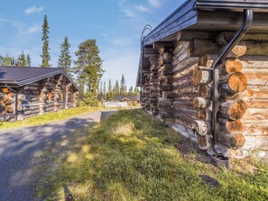 A log cabin with a metal roof and a chimney, surrounded by trees and a gravel path.