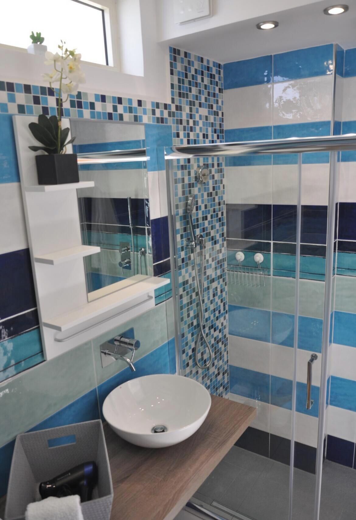 Shower, hair dryer, bidet, towels