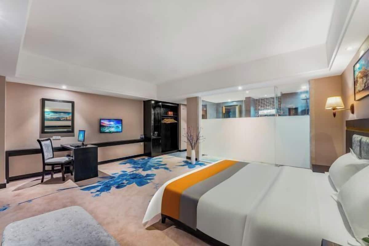 A hotel room with a bed, desk, chair, TV, and a view of the city.