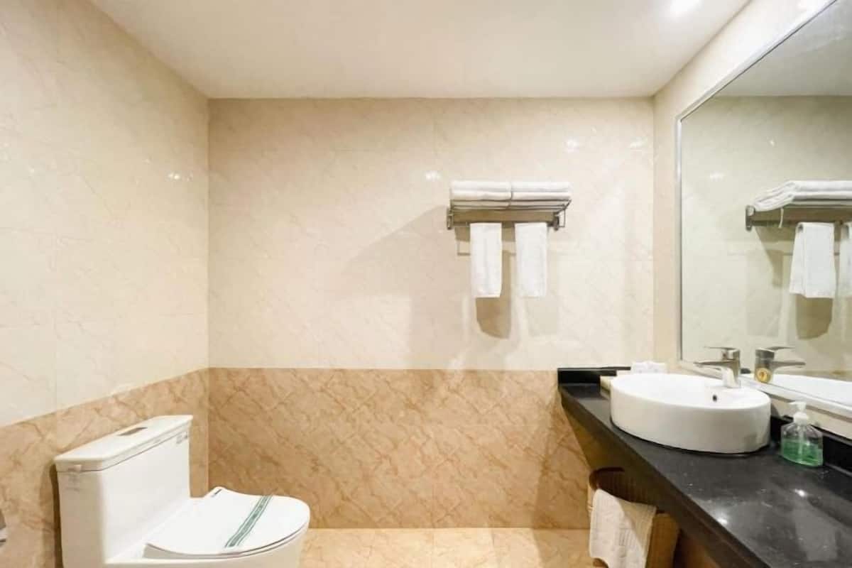 Un baño con inodoro, lavamanos y espejo.