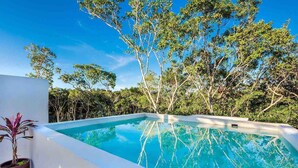 A swimming pool with clear blue water, surrounded by lush greenery and trees. - Tulum Dream Villa: Designer Luxury Near The Beach (Tulum)