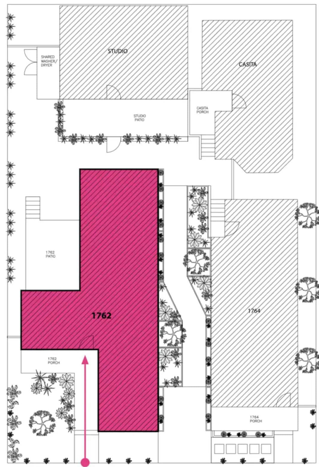 A floor plan with a studio, patio, and casita.