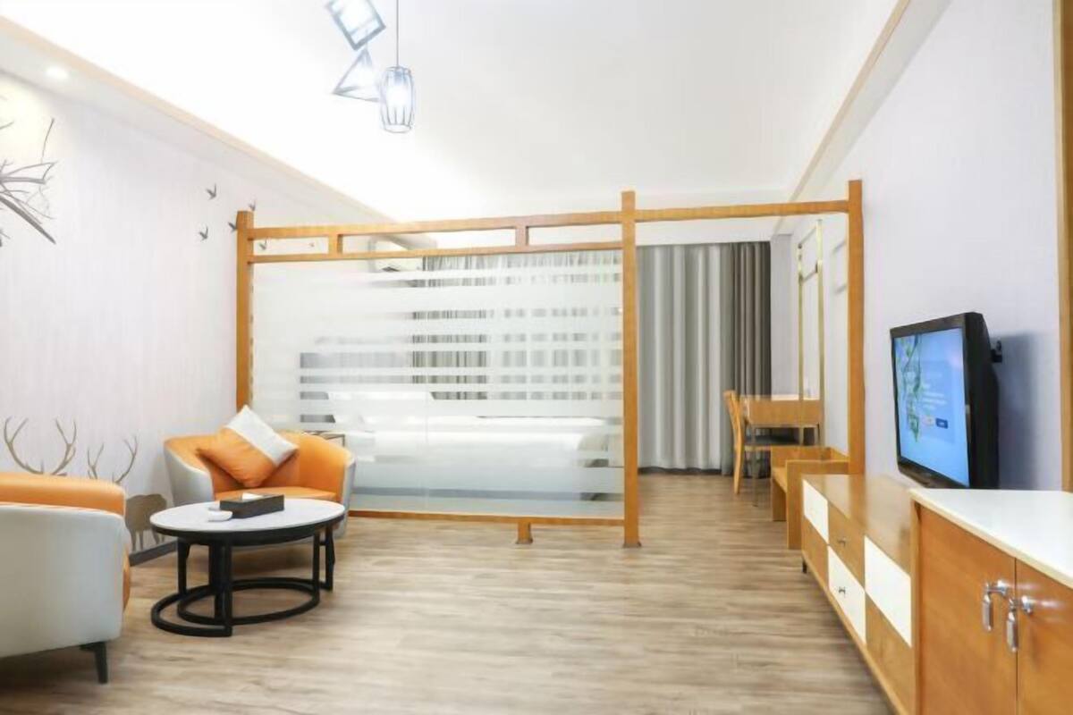 Une chambre d’hôtel moderne équipée d’un lit, d’une télévision, d’un coin salon avec une table et d’une cloison en bois.