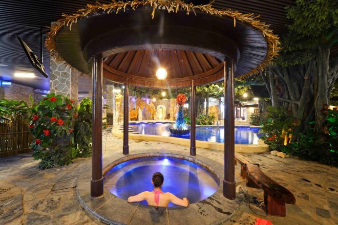 A hot tub under a wooden gazebo with a thatched roof, surrounded by tropical plants and a stone floor.