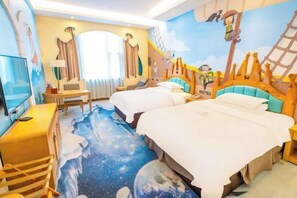 A hotel room with two beds, a desk, a TV, and a mural depicting a nautical scene. - Knight's Hotel Europark Resort (Qihe County)